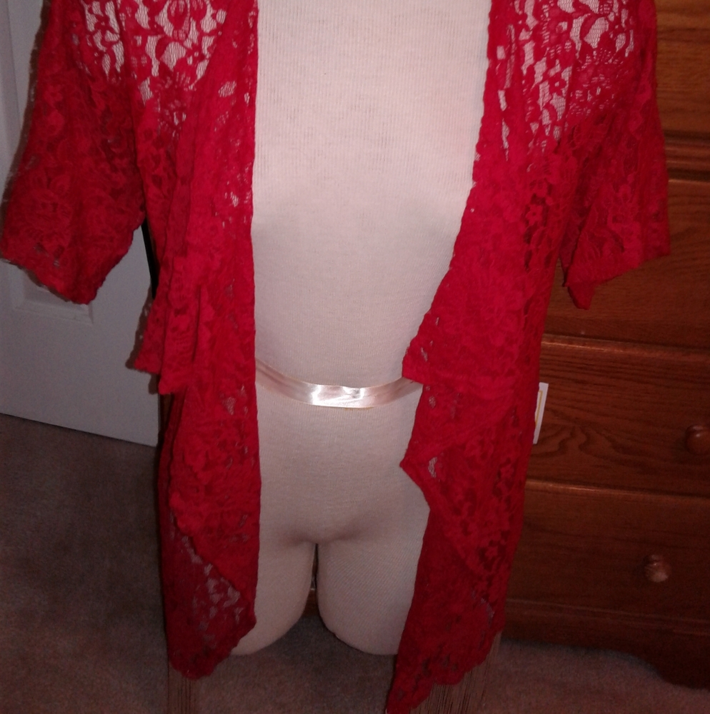 Red Lularoe Lace Monroe Top blouse shirt cover up - Picture 8 of 8